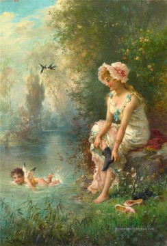 ange floral et fille Hans Zatzka Peinture à l'huile